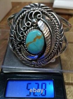 Royston Turquiose Sterling Silver Native American Bracelet Signed V 52.8 Gr