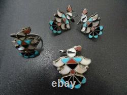 SALE! VTG Zuni Sterling Inlay Thunderbird Matching Ring, Earrings & Brooch Set