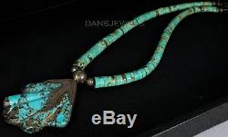 SANTO DOMINGO Vintage Navajo Carved Rolled TURQUOISE Sterling Clasp Necklace