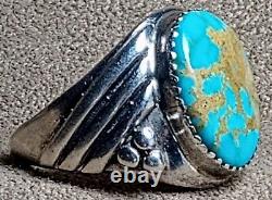 SIGNED LARGE VINTAGE PUEBLO NATIVE AMERICAN STERLING SILVER TURQUOISE RING sz 12