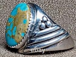 SIGNED LARGE VINTAGE PUEBLO NATIVE AMERICAN STERLING SILVER TURQUOISE RING sz 12