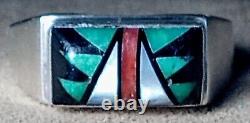 SIGNED VINTAGE NAVAJO STERLING SILVER TURQUOISE CORAL ONYX MOP INLAY RING sz13.5