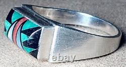SIGNED VINTAGE NAVAJO STERLING SILVER TURQUOISE CORAL ONYX MOP INLAY RING sz13.5