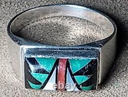 SIGNED VINTAGE NAVAJO STERLING SILVER TURQUOISE CORAL ONYX MOP INLAY RING sz13.5