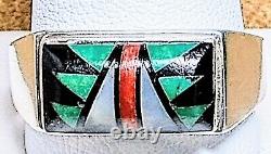 SIGNED VINTAGE NAVAJO STERLING SILVER TURQUOISE CORAL ONYX MOP INLAY RING sz13.5