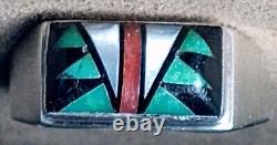 SIGNED VINTAGE NAVAJO STERLING SILVER TURQUOISE CORAL ONYX MOP INLAY RING sz13.5