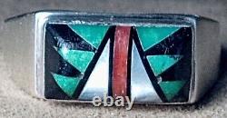 SIGNED VINTAGE NAVAJO STERLING SILVER TURQUOISE CORAL ONYX MOP INLAY RING sz13.5