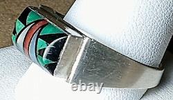 SIGNED VINTAGE NAVAJO STERLING SILVER TURQUOISE CORAL ONYX MOP INLAY RING sz13.5