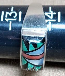 SIGNED VINTAGE NAVAJO STERLING SILVER TURQUOISE CORAL ONYX MOP INLAY RING sz13.5