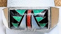 SIGNED VINTAGE NAVAJO STERLING SILVER TURQUOISE CORAL ONYX MOP INLAY RING sz13.5