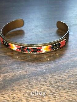 SIGNED Vintage Native American Jewelry Copper Hand Beaded Cuff bracelet GW