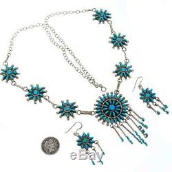 SQUASH BLOSSOM NECKLACE Set ZUNI Turquoise Sterling Silver Needlepoint LEEKITY