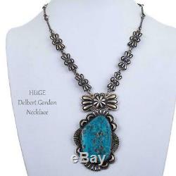 SQUASH BLOSSOM NECKLACE Turquoise Sterling Silver DELBERT GORDON Old Pawn A+