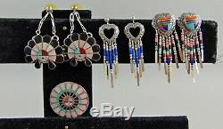 Set of 4 Sterling Navajo&Zuni Sterling Earrings&Pin/Pendant Signed Bennett, Q. T