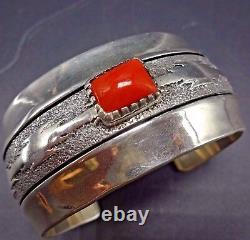 Signed ALFRED JOE Vintage NAVAJO Sterling Silver & CORAL Cuff BRACELET 69g