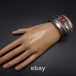 Signed ALFRED JOE Vintage NAVAJO Sterling Silver & CORAL Cuff BRACELET 69g