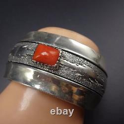 Signed ALFRED JOE Vintage NAVAJO Sterling Silver & CORAL Cuff BRACELET 69g