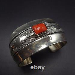 Signed ALFRED JOE Vintage NAVAJO Sterling Silver & CORAL Cuff BRACELET 69g