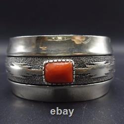 Signed ALFRED JOE Vintage NAVAJO Sterling Silver & CORAL Cuff BRACELET 69g