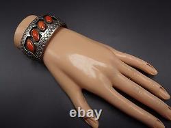 Signed CHEE Vintage NAVAJO Sterling Silver & CORAL Shadowbox Cuff BRACELET