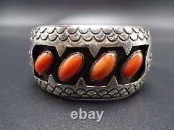 Signed CHEE Vintage NAVAJO Sterling Silver & CORAL Shadowbox Cuff BRACELET