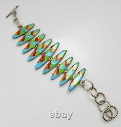 Signed MD Fine Gemstone Inlay Sterling Silver Bracelet Toggle Clasp