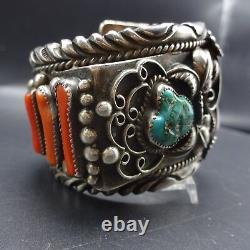 Signed Museum Quality Heavy Gauge Vintage NAVAJO Turquoise Coral CUFF BRACELET