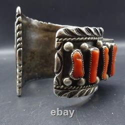 Signed Museum Quality Heavy Gauge Vintage NAVAJO Turquoise Coral CUFF BRACELET