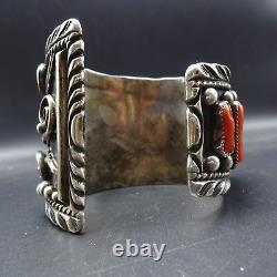 Signed Museum Quality Heavy Gauge Vintage NAVAJO Turquoise Coral CUFF BRACELET