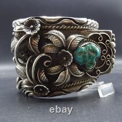 Signed Museum Quality Heavy Gauge Vintage NAVAJO Turquoise Coral CUFF BRACELET