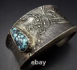 Signed NAVAJO Heavy Gauge Sterling Silver TUFA CAST Cuff BRACELET Lone Mt. Turq