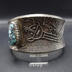 Signed NAVAJO Heavy Gauge Sterling Silver TUFA CAST Cuff BRACELET Lone Mt. Turq