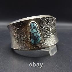 Signed NAVAJO Heavy Gauge Sterling Silver TUFA CAST Cuff BRACELET Lone Mt. Turq