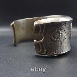 Signed NAVAJO Heavy Gauge Sterling Silver TUFA CAST Cuff BRACELET Lone Mt. Turq