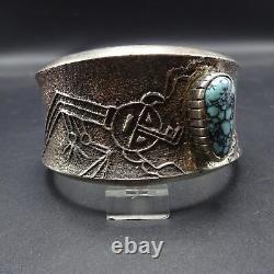 Signed NAVAJO Heavy Gauge Sterling Silver TUFA CAST Cuff BRACELET Lone Mt. Turq