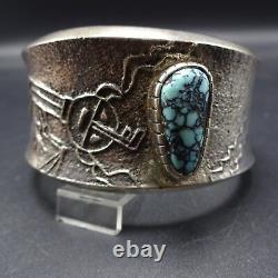 Signed NAVAJO Heavy Gauge Sterling Silver TUFA CAST Cuff BRACELET Lone Mt. Turq