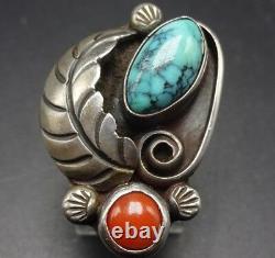 Signed PLATERO Vintage NAVAJO Sterling Silver TURQUOISE and Coral RING size 6.5