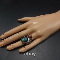 Signed PLATERO Vintage NAVAJO Sterling Silver TURQUOISE and Coral RING size 6.5
