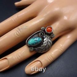 Signed PLATERO Vintage NAVAJO Sterling Silver TURQUOISE and Coral RING size 6.5