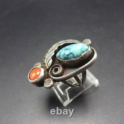 Signed PLATERO Vintage NAVAJO Sterling Silver TURQUOISE and Coral RING size 6.5