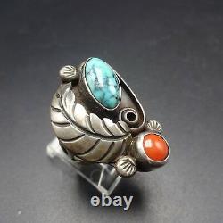 Signed PLATERO Vintage NAVAJO Sterling Silver TURQUOISE and Coral RING size 6.5