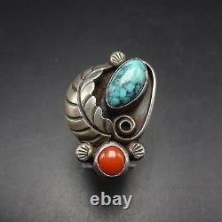 Signed PLATERO Vintage NAVAJO Sterling Silver TURQUOISE and Coral RING size 6.5