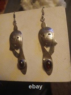 Signed Vintage Handmade NAVAJO Old Pawn Sterling & Ruby MAIDEN Dangle Earrings