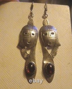 Signed Vintage Handmade NAVAJO Old Pawn Sterling & Ruby MAIDEN Dangle Earrings
