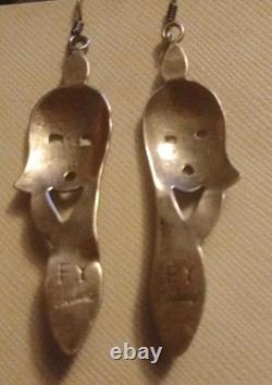 Signed Vintage Handmade NAVAJO Old Pawn Sterling & Ruby MAIDEN Dangle Earrings