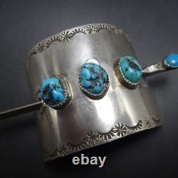 Signed Vintage NAVAJO Hand-Stamped Sterling Silver STICK BARRETTE with TURQUOISE