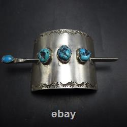 Signed Vintage NAVAJO Hand-Stamped Sterling Silver STICK BARRETTE with TURQUOISE