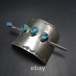 Signed Vintage NAVAJO Hand-Stamped Sterling Silver STICK BARRETTE with TURQUOISE