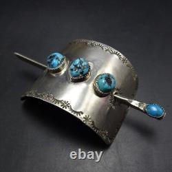 Signed Vintage NAVAJO Hand-Stamped Sterling Silver STICK BARRETTE with TURQUOISE
