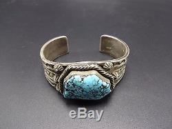 Signed Vintage NAVAJO Heavy Hand Stamped Sterling Silver TURQUOISE Cuff BRACELET